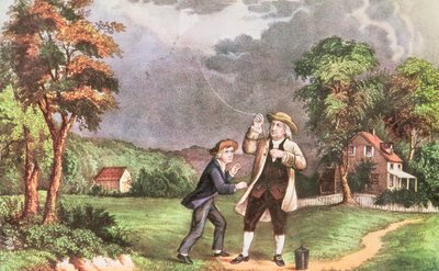 フランクリンズは電気の実験を1746年頃、パブで行いました。 Currier and Ives（印刷） 作： American School
