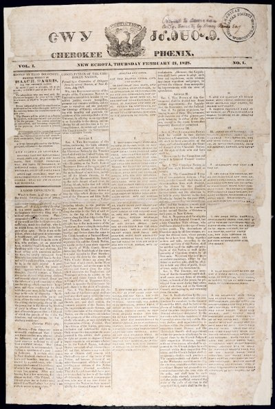 1828年2月21日、チェロキーフェニックスのフロントページ（印刷） 作： American School