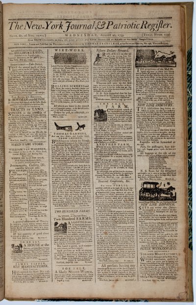 1793年8月21日、ニューヨークジャーナルとパトリオットレジスタのフロントページ 作： American School