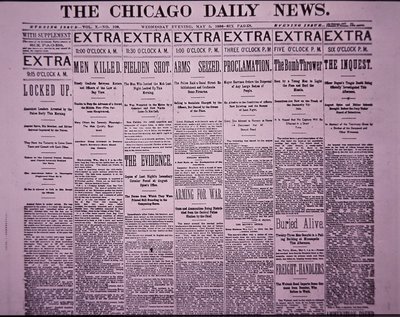 1886年5月5日のシカゴ・ヘイマーケット労働者暴動を報じる「The Chicago Daily News」の一面（新聞紙面 作： American School