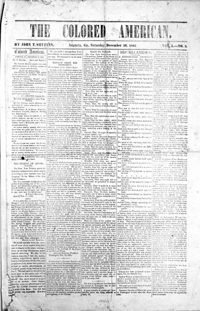 1865年12月30日、カラードアメリカンの表紙（印刷） 作： American School
