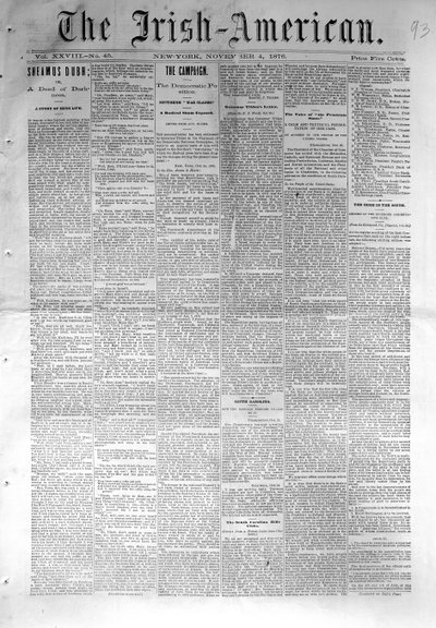1876年11月4日、ニューヨークで発行されたアイルランド系アメリカ人のフロントページ（新聞） 作： American School