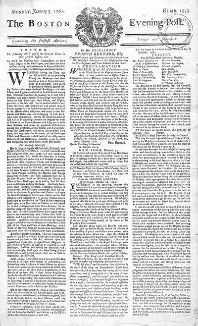 1761年1月5日、ジョージ2世の死を告げたボストンイブニングポスト（1683-1760）の表紙（印刷） 作： American School