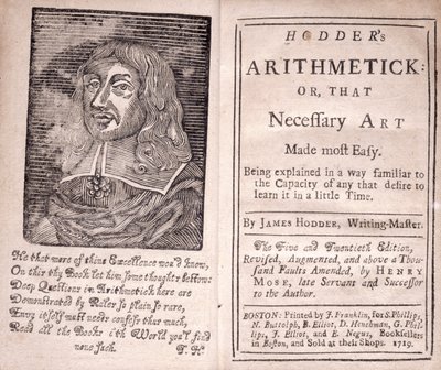 Hodders Arthimetick、または最も必要なアートが最も簡単に作成された、James Hodderによるフロントピースとタイトルページ、1719 作： American School