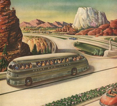 アメリカ南西部の高速道路を走行する未来型旅客バス 作： American School