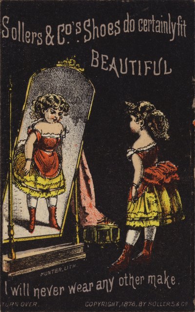 赤いブーツで鏡で見ている女の子 作： American School