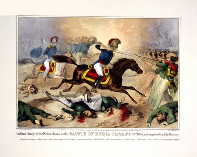 1847年2月23日、ブエナビスタの戦いにおけるケンタッキー軍の勇敢な突撃。1847年2月23日、ブエナビスタの戦いにおけるケンタッキー軍の雄姿とメキシコ軍の完勝。1847年（手彩色リトグラフ） 作： アメリカの学校