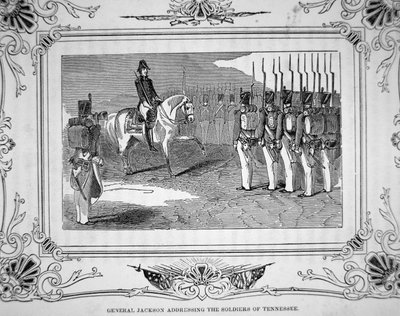 1814年3月27日、ホースホー・ベンドの戦いの前にテネシー州民兵に話しかけるアンドリュー・ジャクソン将軍 作： American School