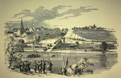 1862年、ジャクソン将軍(1824-63)率いる南軍を攻撃するためにメリーランド州ウィリアムスポートからポトマックを再横断するバンク将軍(1816-94)の北軍師団(リトグラフ) 作： American School