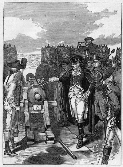 ジョージ・ワシントン将軍と、1781年のヨークタウン包囲戦での大砲の初発射 作： American School
