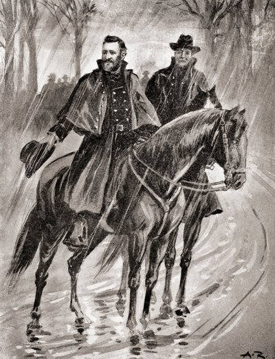 1861年、戦いの前にミズーリ州ベルモントで雨の中を偵察するグラント将軍（1905年発行の「わが祖国の歴史」より（リトグラフ）。 作： American School