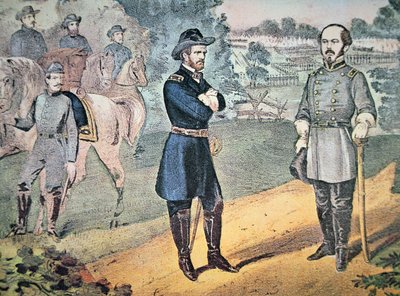 1865年、ノースカロライナ州で南軍の降伏を取り決めるシャーマンとジョンソンの両将軍（カラーリトグラフ 作： American School