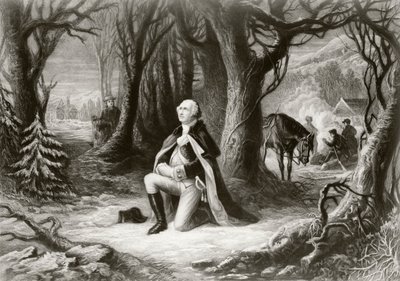 ジョージワシントンは、1777年から78年の冬の間、ヘンリーブリュックナーによる絵画の後、バレーフォージのアメリカ独立戦争の野営地で祈ります 作： American School