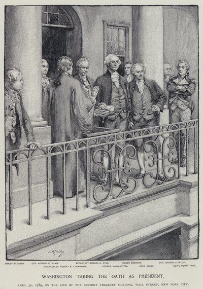 大統領として宣誓するジョージ・ワシントン（1789年4月30日）（リトグラフ 作： American School