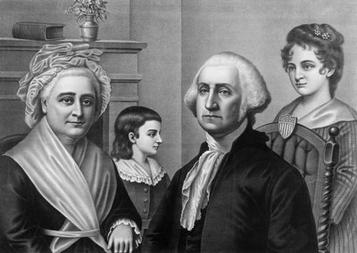 ジョージ・ワシントンと妻マーサ・ワシントン、子供たち（マウント・バーノンにて）。1880年頃のエングレーヴィング。 作： American School