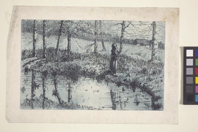 Girl By Pond (gravura e tom da placa impressos em azul) 作： American School