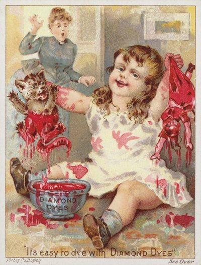 猫と人形を赤い染料に浸す少女 作： American School