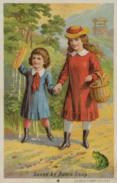 びしょ濡れの男の子と手を繋いでいる女の子 作： American School