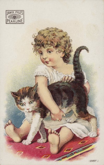 カーペットの上で猫と遊ぶ少女 作： American School