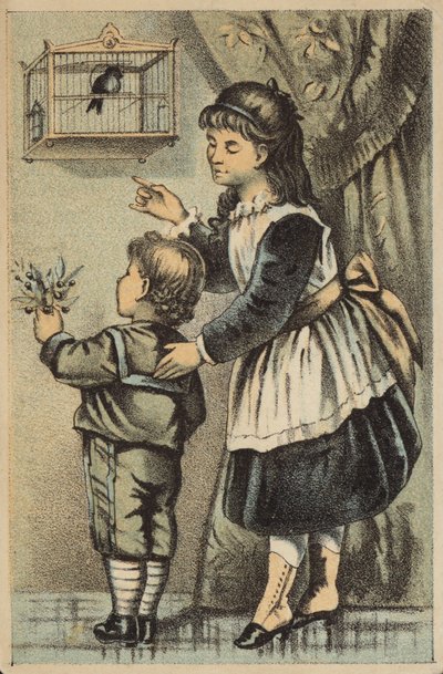 ケージの鳴き鳥を見て女の子と男の子 作： American School