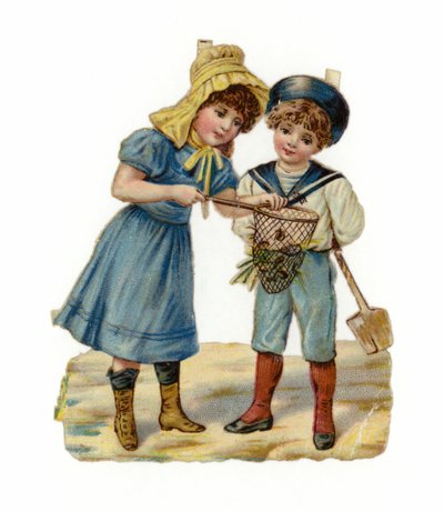 女の子と男の子のビーチでの釣り 作： American School