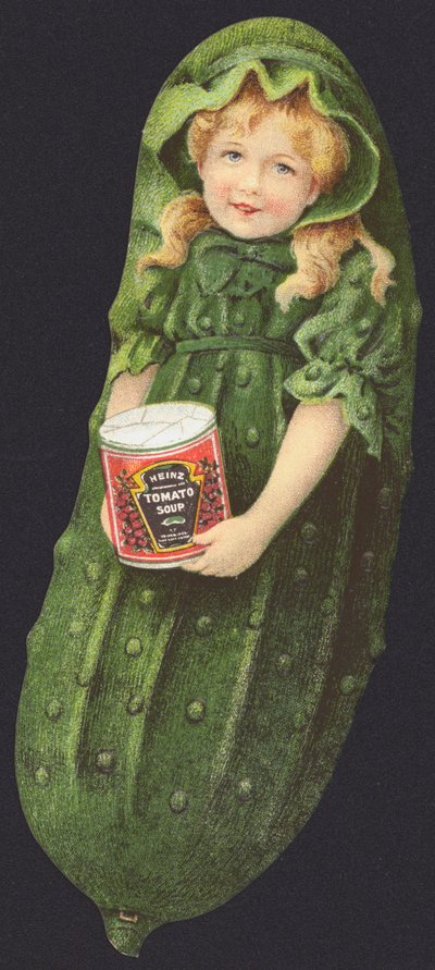 ハインツトマトスープの缶を保持しているキュウリに扮した少女 作： American School
