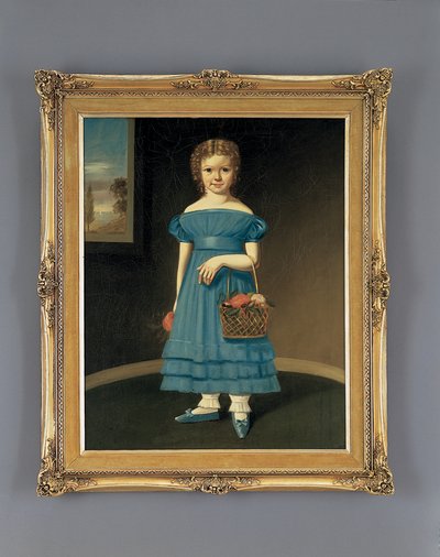 花のバスケットを持つ少女（キャンバスに油彩） 作： American School