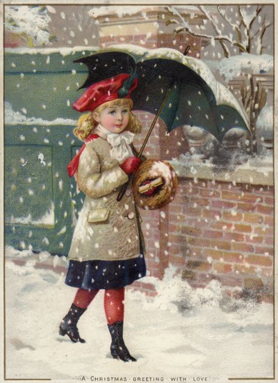 雪のシャワーで傘を持つ少女 作： American School