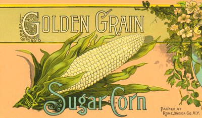ゴールデン・グレイン・シュガー・コーン製品のラベル、1890年頃（カラーリトグラフ） 作： American School