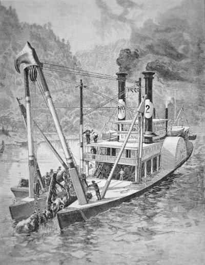ミシシッピ川で丸太やスナッグを取り除く政府のスナッグボート（1870年頃）（彫刻作品 作： American School