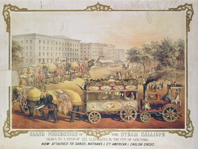 1857年、ニューヨーク市で6頭の象のチームによって描かれたスチームカリオペの大行列 作： American School