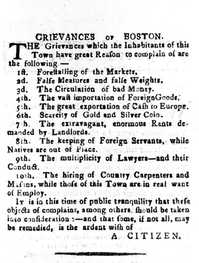ボストンの苦情、1786年4月4日、ボストン官報に掲載された手紙（印刷） 作： American School