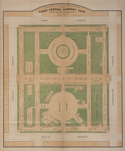 1864年6月、ローガン・スクエアの中央衛生博覧会の建物の平面図（カラーリトグラフ） 作： American School