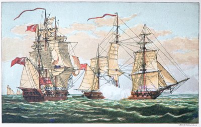 1812年戦争中の1813年、HMSシャノン号とアメリカのチェサピーク号の戦い（カラーリトグラフ 作： American School