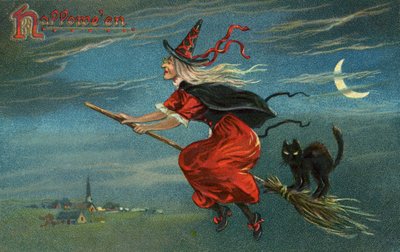 夜の箒に乗るハロウィーンの魔女と黒猫 作： American School