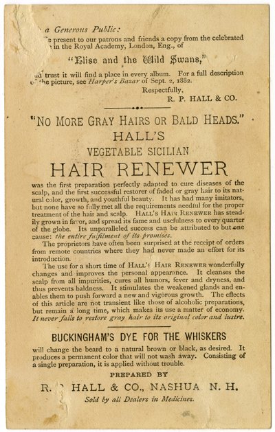 Halls Vegetable Sicilian Hair Renewer、白髪を元の色に戻し、脱毛を防ぎます。ヴェルソ（リトグラフ[トレーディングカード]） 作： American School