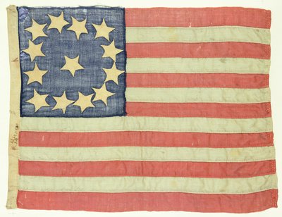 13個の星が付いた手縫いの旗、c.1830-80（羊毛と綿） 作： American School
