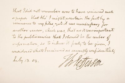 トーマスジェファーソンの手書きおよび署名、1803 作： American School