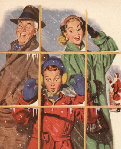 クリスマスイブにウィンドウに映るプレゼントを眺める幸せな家族 作： American School