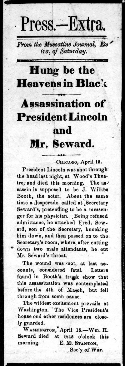 1865年4月15日、プレスエクストラからのエイブラハムリンカーン（1809-65）の暗殺とウィリアムスワード（1801-72）の暗殺未遂を告げる見出し（印刷） 作： American School