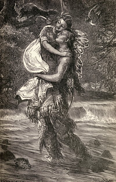 ハイアワサとミネハハ、1855年に書かれたヘンリーワズワースロングフェロー（1807-82）による詩「ハイアワサ」のイラスト 作： American School