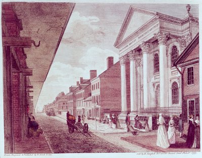 1799年にフィラデルフィアにある最初の長老派教会のある大通り 作： American School