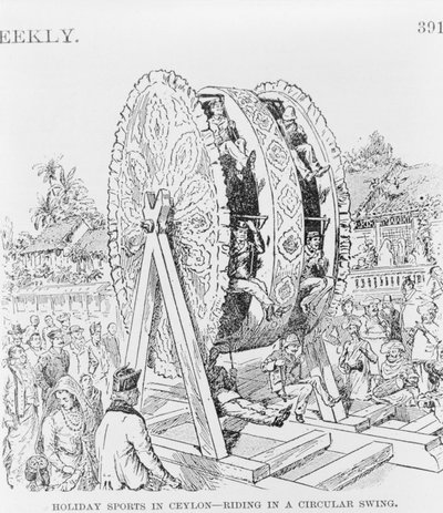セイロンの休日のスポーツ、丸い車輪に乗って、1893年頃（イラスト 作： American School