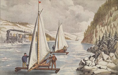 ハドソンのパブでのアイスボートレース。 C. 1855、キュリアーとアイブス 作： American School