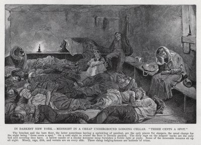 In Darkest New York, Midnight in a Cheap Underground Lodging Cellar, "three cents a spot" (litho) 作： American School