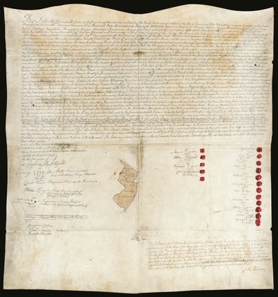 インディアン条約、イーストン会議、ペンシルバニア、1758年10月23日（羊皮紙にペン＆インク、蝋引き） 作： American School