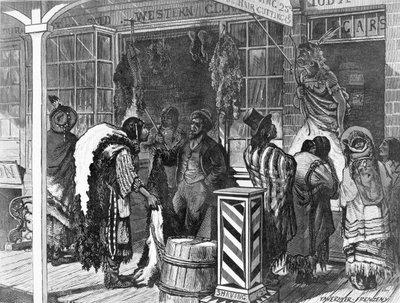 1875年11月13日「ハーパーズウィークリー」からのフロンティアタウンでのインディアンの取引 作： American School