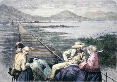 パシフィック鉄道の検査車、1870年頃（色付きの彫刻） 作： American School