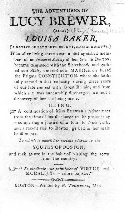 1815年、ボストンでH.トランブルが印刷したルーシーブリューワーの冒険の紹介ページ 作： American School