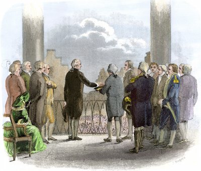 ジョージ・ワシントン（1732-1799）の任命式（カラー版画） 作： American School